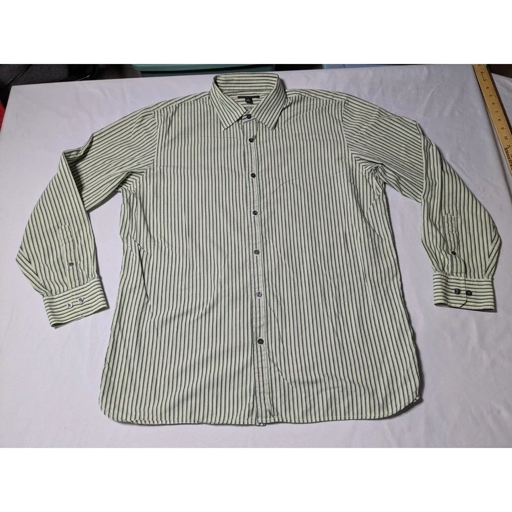 VTG BANANA REPUBLIC Men Size‎ XL Green Striped Cotton Button-Up Shirt